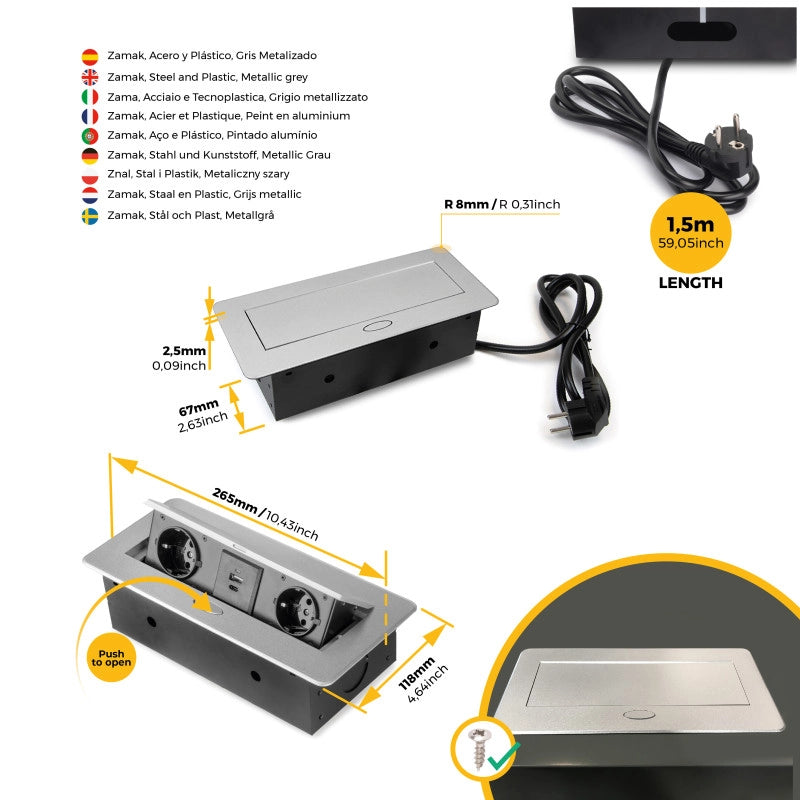 Multiconnettore Atom 26, 225x111mm, 2 prese Schuko, 1 USB Tipo A, 1 USB Tipo C, 1 RJ45, 1 HDMI, Zama-Acciaio-Plastica,..