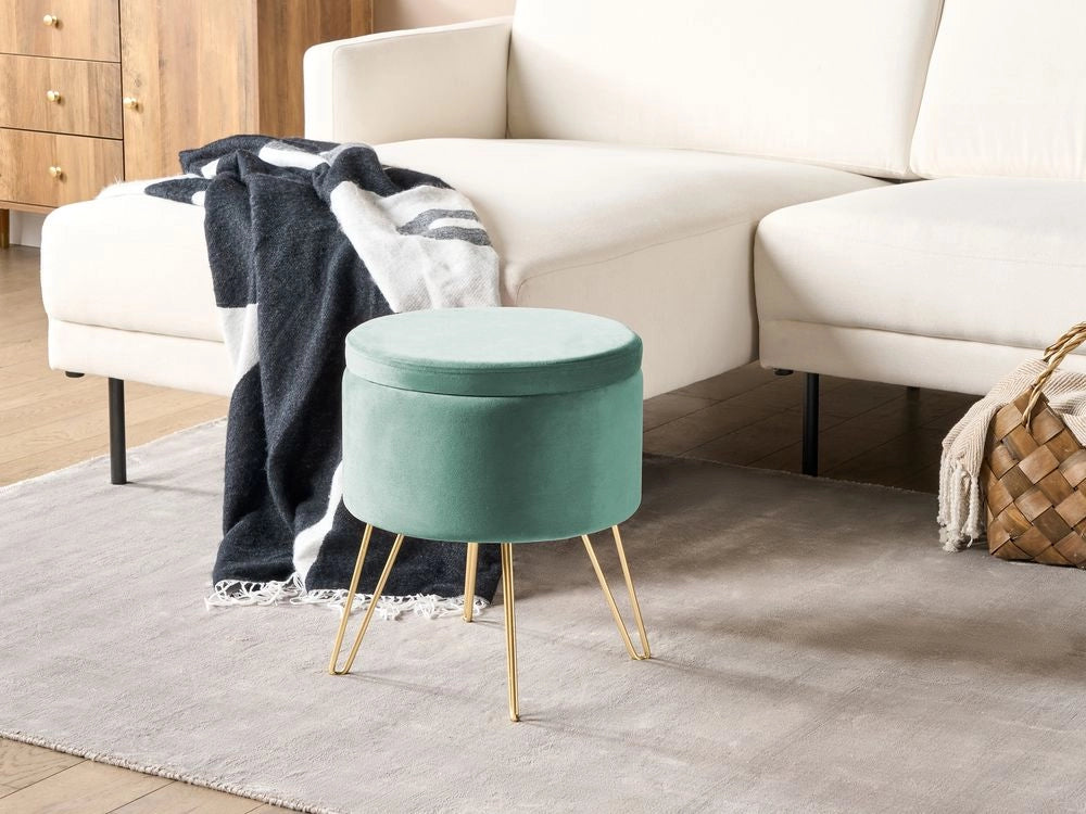 Pouf in velluto verde e gambe in metallo dorato stile glamour moderno accessori