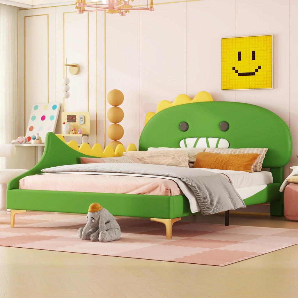 Letto basso per bambini verde con forma di dinosauro in PU 140x200 cm