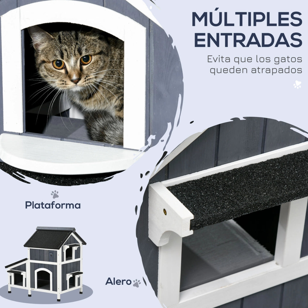 Casetta per Gatti a 2 Livelli in Legno da Esterno ¨C Zephmum ¨C Grigio 96x65x85.5 cm