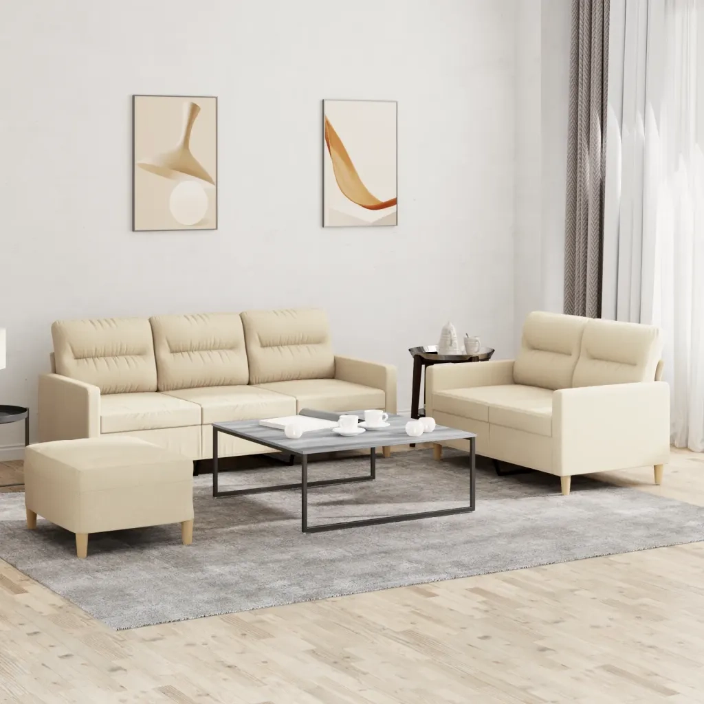 Set di Divani 3 pz con Cuscini Crema in Tessuto