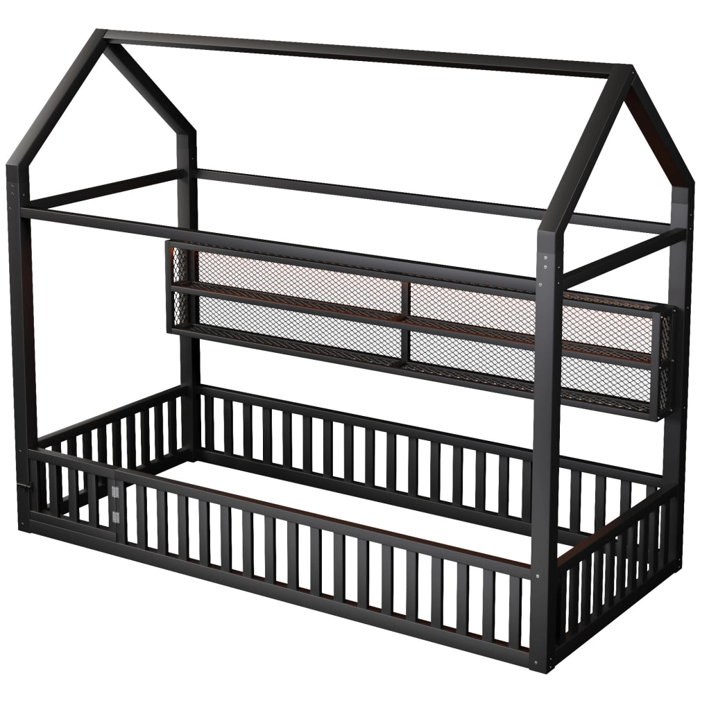 Letto singolo a casetta 90x200 cm con barriera di sicurezza e LED 7 colori in metallo nero