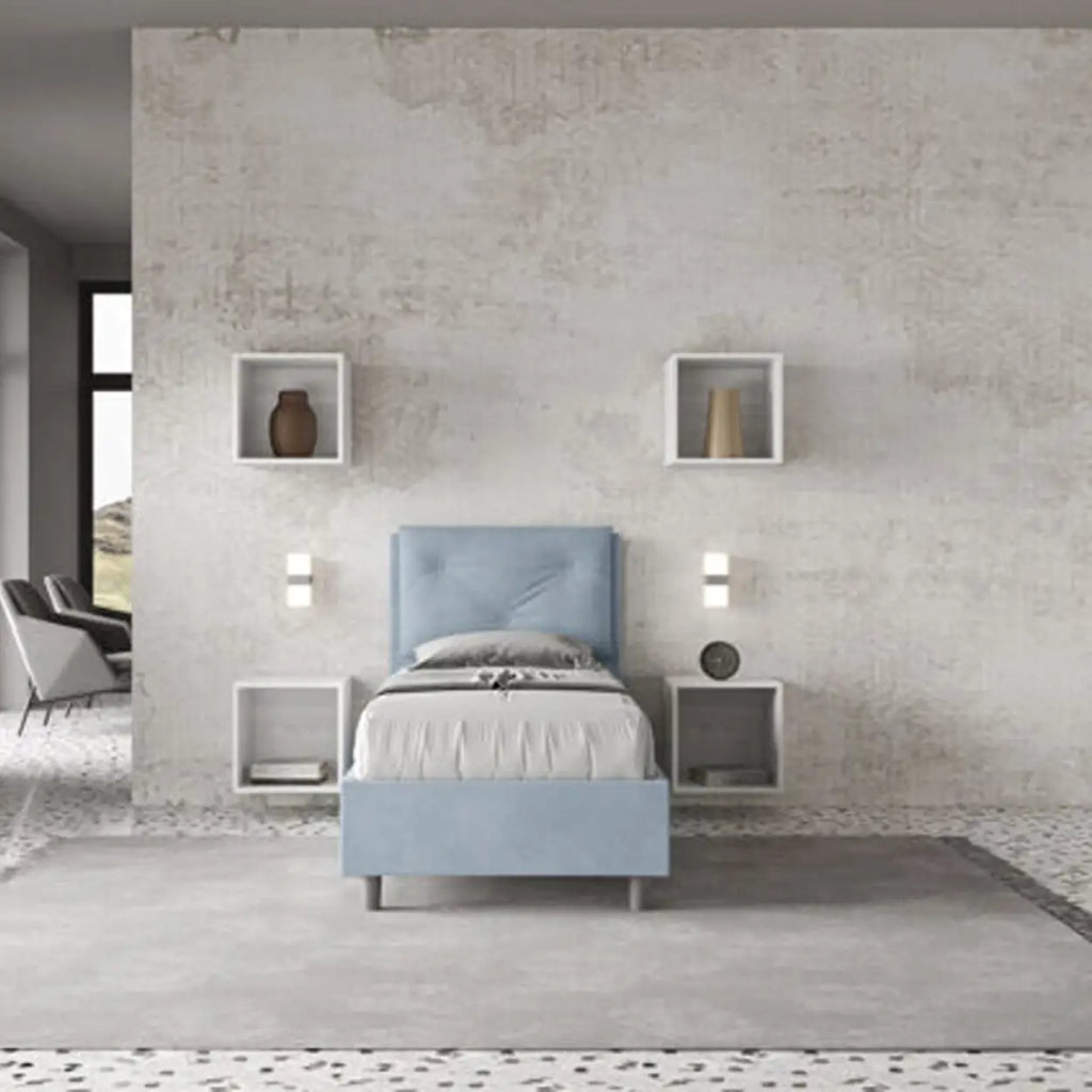 Letto singolo contenitore imbottito 80x190 microfibra azzurro Appia