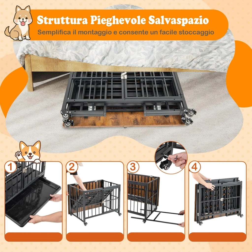 Cuccia Pieghevole per Cani, Casetta Resistente alle Masticazioni con Porta e Ruote Bloccabili per Razze Piccole, Cuccia Decorativo da Interno per Animali Domestici (80 x 61 x 64 cm)