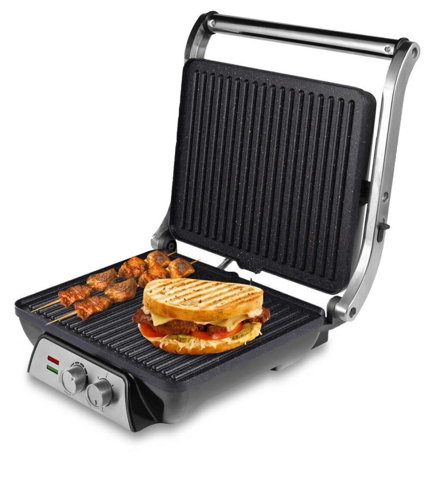 Piastra elettrica per panini e toast, 4 porzioni apertura 180°, piastre antiaderenti pietra 2000W, timer 30 minuti - SOGO