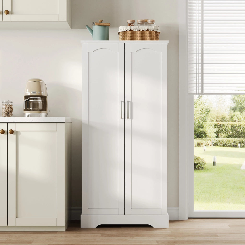Credenza da cucina bianca 60x35x128 cm in MDF e PB con luce LED sensor e ripiani regolabili