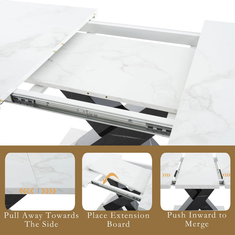 Tavolo da Pranzo Allungabile ¨C MINIMAL ¨C Piano Effetto Marmo Bianco, Gambe Nere in Metallo, 120-160 cm