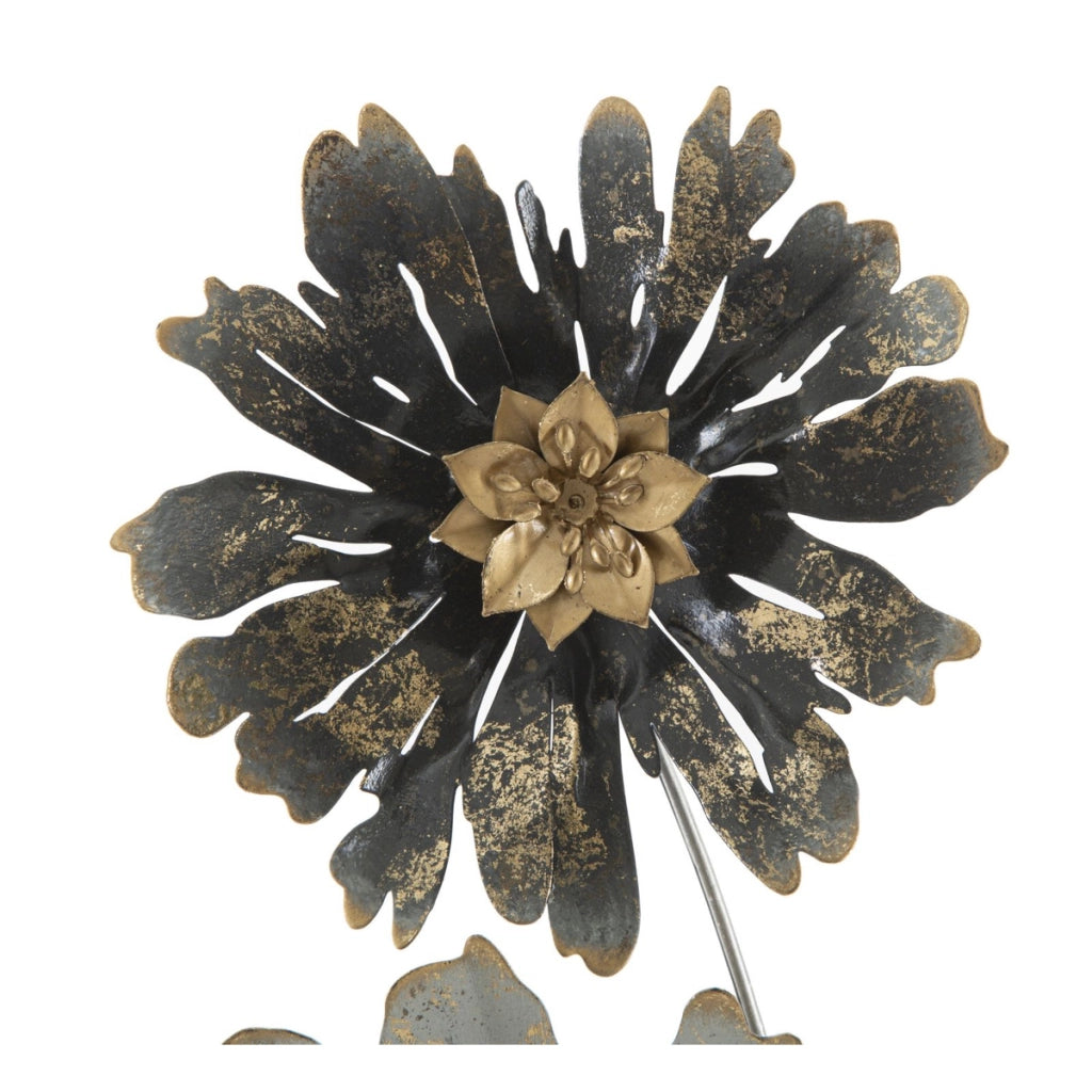 Pannello decorativo da parete Simply con tre fiori in ferro nero, argento e oro 35x88 cm