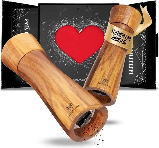 Molinello sale e pepe in legno in scatola di regalo lussuosa con cuore per regalo di nozze - coppia sposa - benvenuto nella casa - manuale
