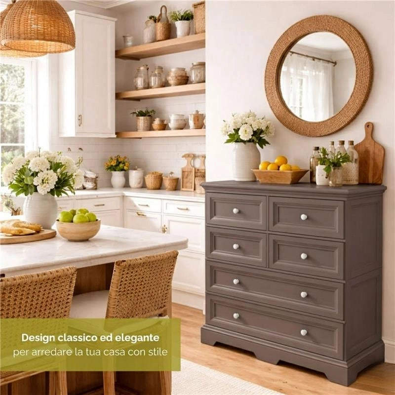 CASSETTIERA 6 CASSETTI WENGÉ 79X43X85,5 CM – MOBILE ORGANIZZAZIONE CASA CON 4 CASSETTI PICCOLI E 2 GRANDI PER ZONA GIORNO E INGRESSO