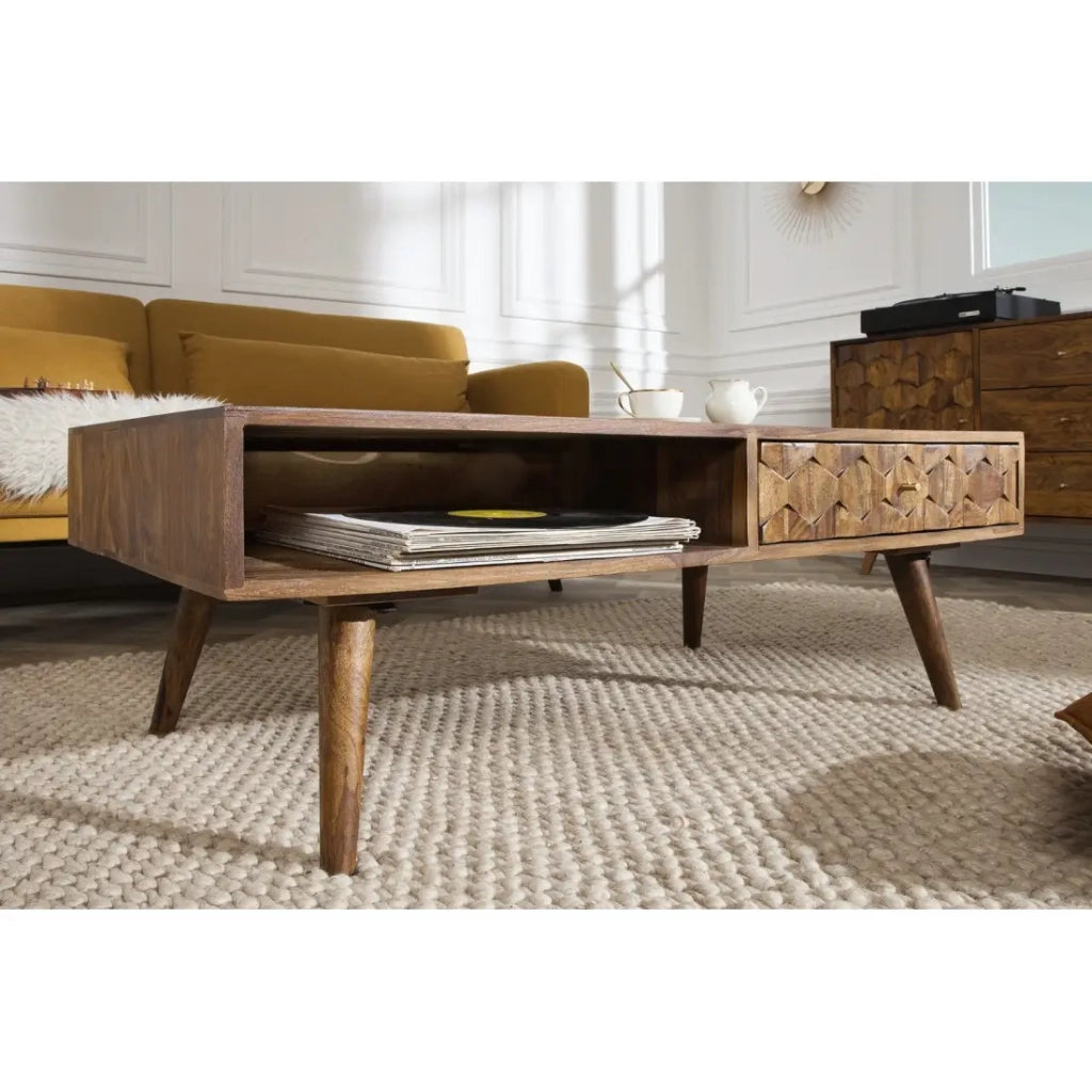 Tavolino basso SCANI 100 cm in legno di Sheesham massiccio verniciato stile scandinavo