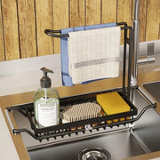 Sponshouder Telescopico con Gootsteen Opbergrek Uitbreidbare Gootsteenorganizer in Acciaio Inossidabile per la Cucina (Nero, Piccolo)