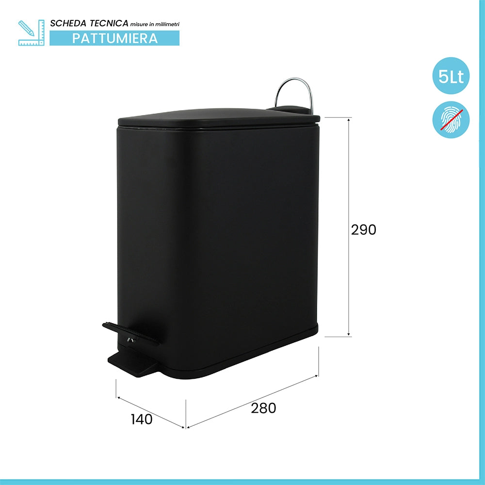 Pattumiera bagno 5 Lt in acciaio nero opaco con apertura a pedale Rexa