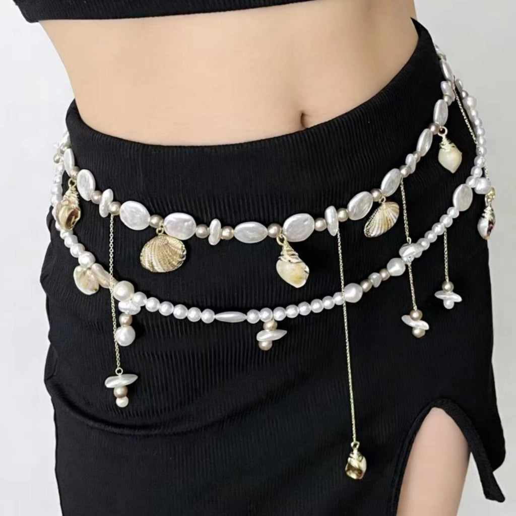 Cintura da donna a doppio strato con nappe di conchiglie e perle, catena per il corpo due in uno, collana stile Chanel