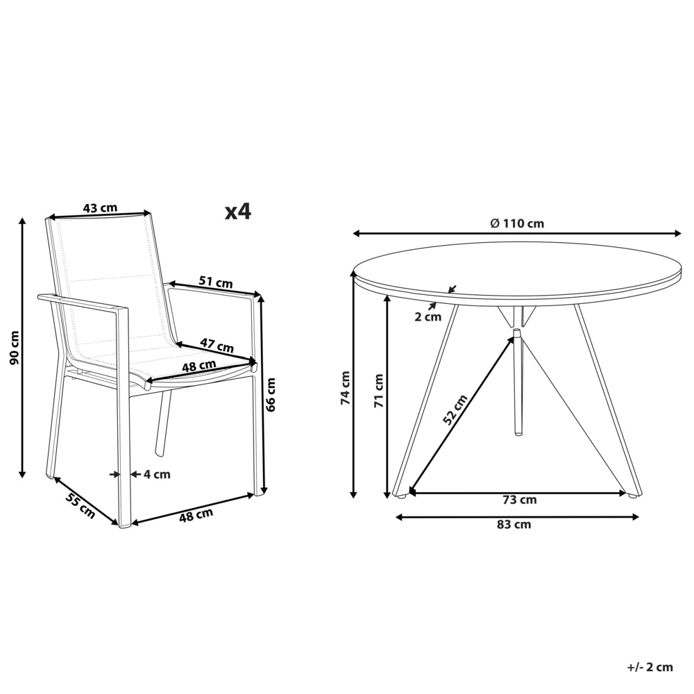 Set di mobili da esterno tavolo rotondo da pranzo nero 110 cm in alluminio e legno sintetico 4 sedie cuscini grigi