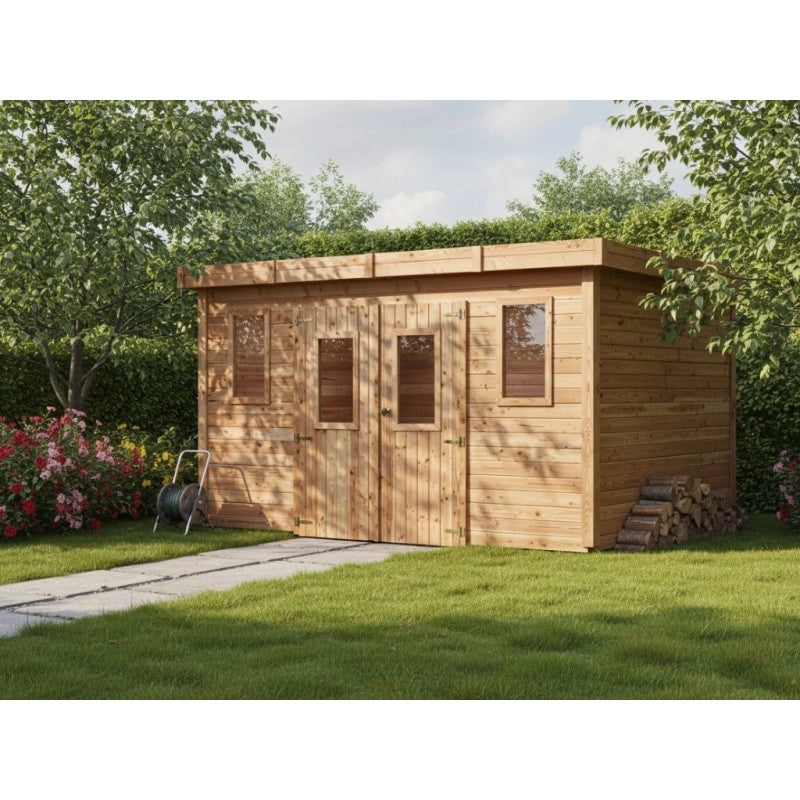 Casetta da giardino in legno 280x380 cm – Spessore pareti 28 mm – Tetto piano in acciaio – DIN4030.02 Foresta