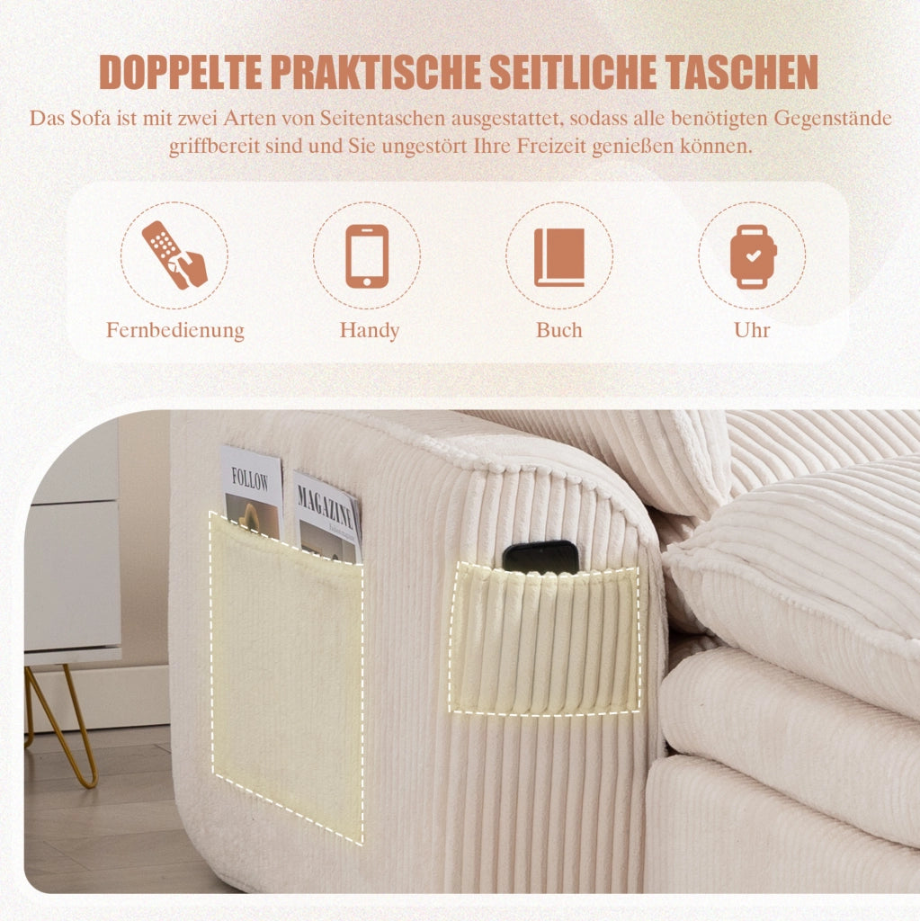 Divano modulare beige in velluto a coste con tasche laterali