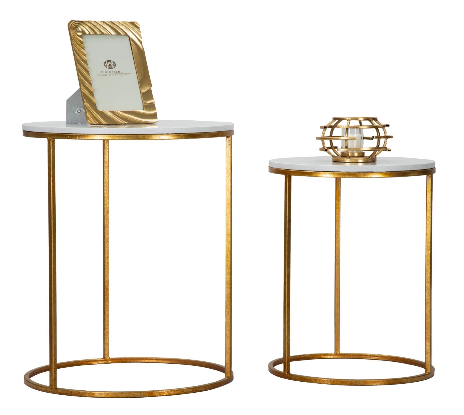 Tavolinetti Simply Marble Coppia Ø52x63-42x53 cm in Ferro e Marmo Oro e Bianco