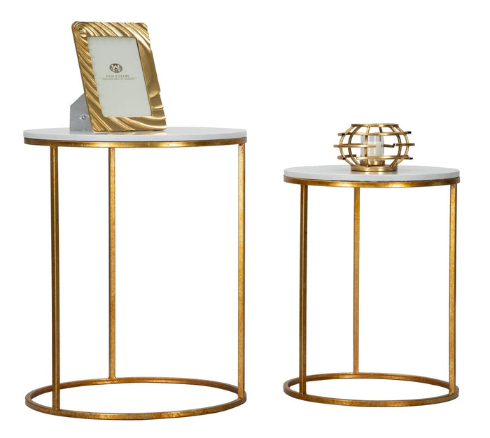 Tavolinetti Simply Marble Coppia Ø52x63-42x53 cm in Ferro e Marmo Oro e Bianco