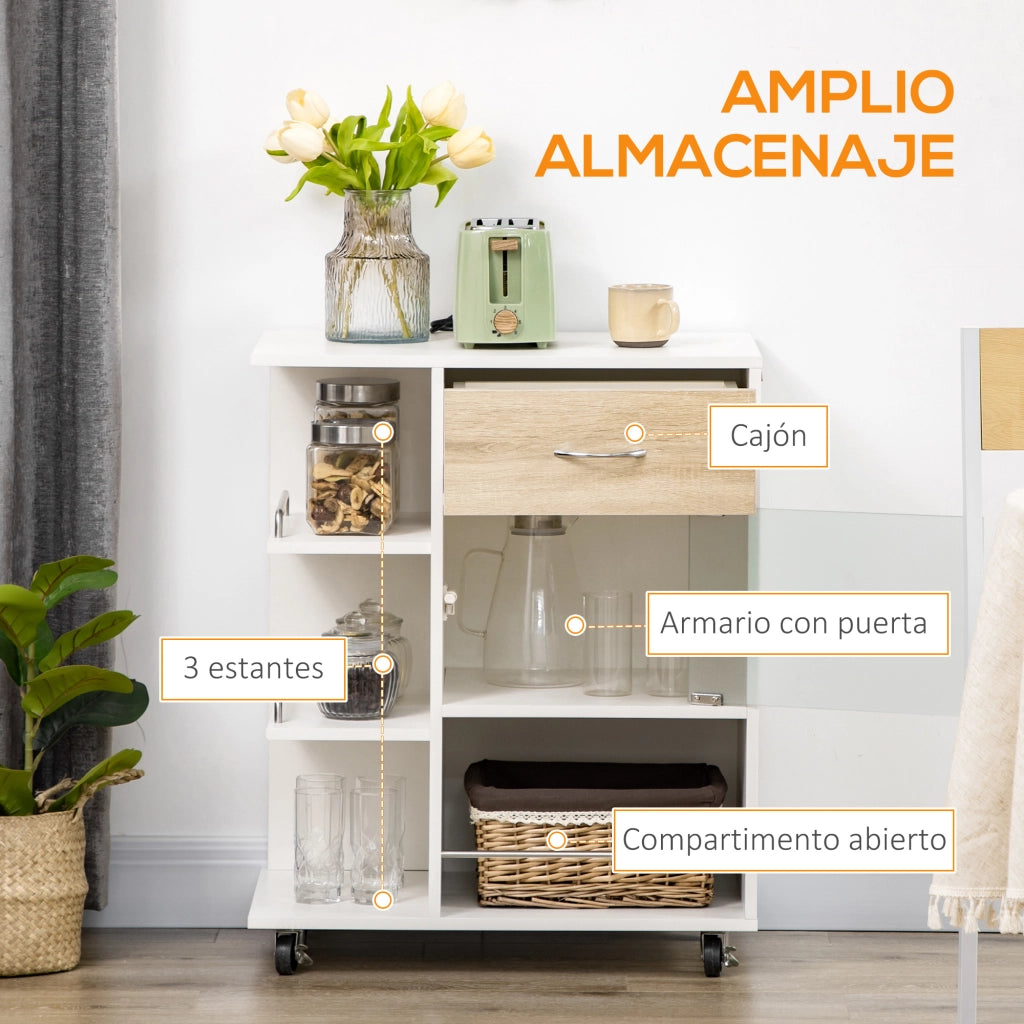 Carrello da Cucina ¨C Xylo ¨C con Cassetto Porta in Vetro Ripiani e Ruote 65x39x80 cm Naturale