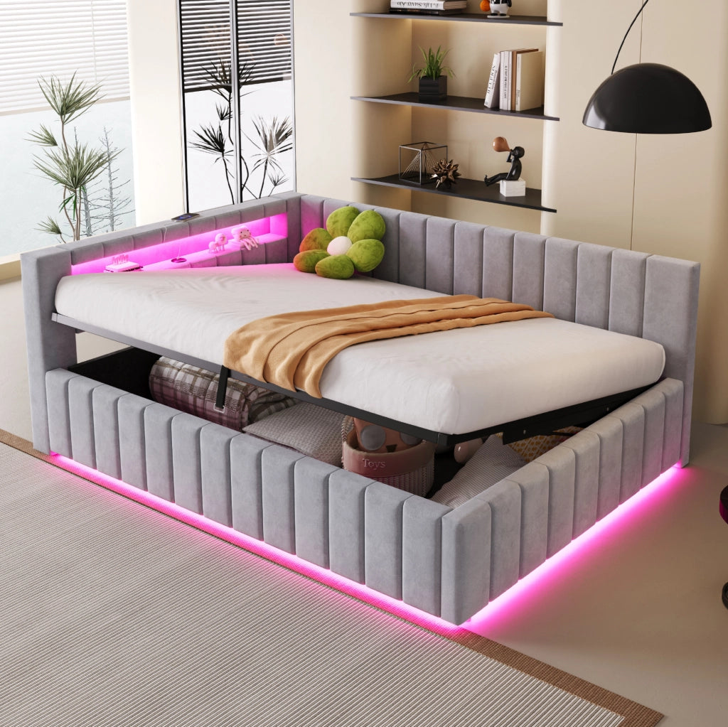 Letto imbottito 140x200 cm con contenitore idraulico; LED e USB; velluto grigio