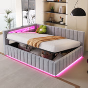 Letto imbottito 140x200 cm con contenitore idraulico; LED e USB; velluto grigio