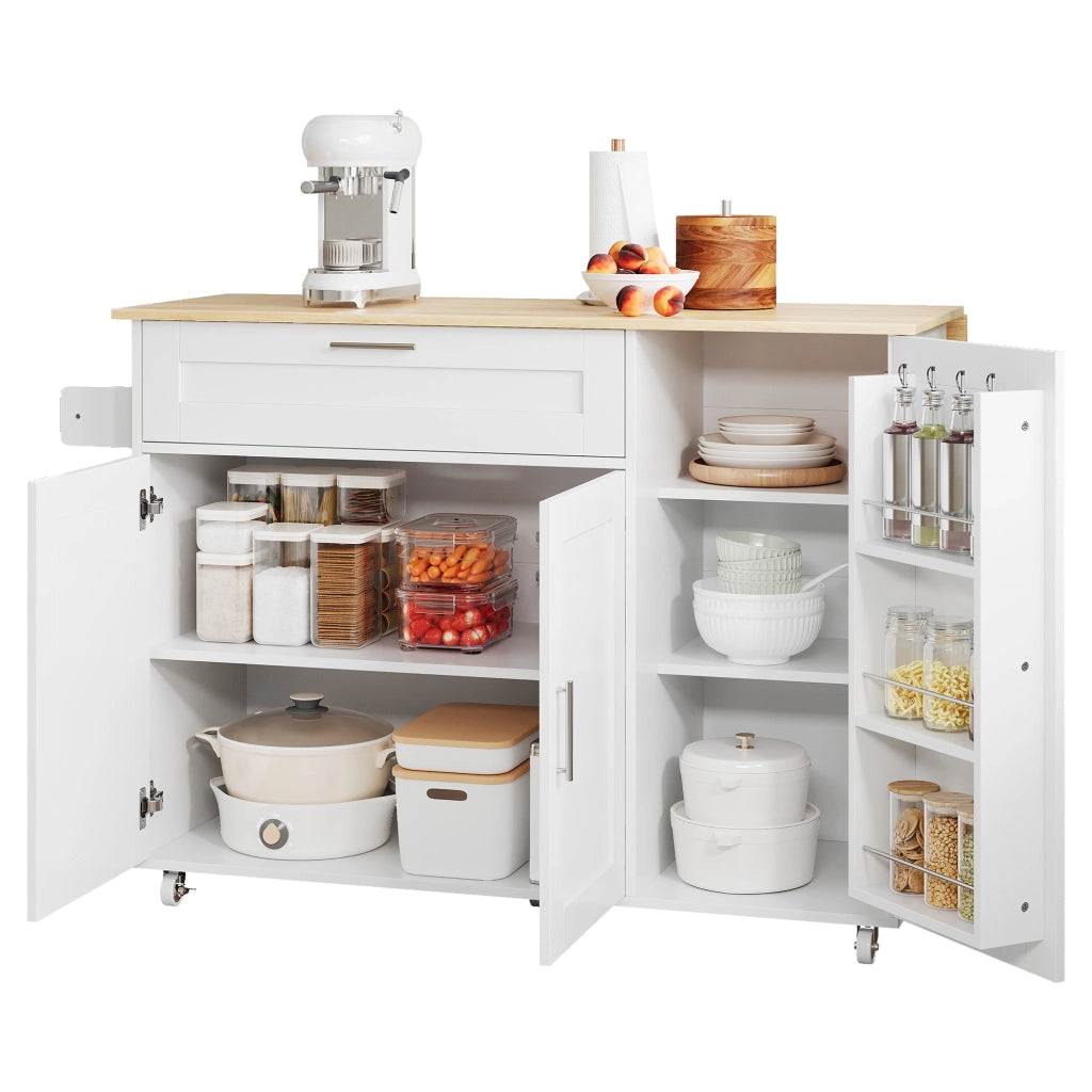Isola da Cucina Mobile 132;5x44/70x90 cm con Piano Ribaltabile; Mobile Contenitore; Portaspezie; Portasciugamani e 5 Ruote