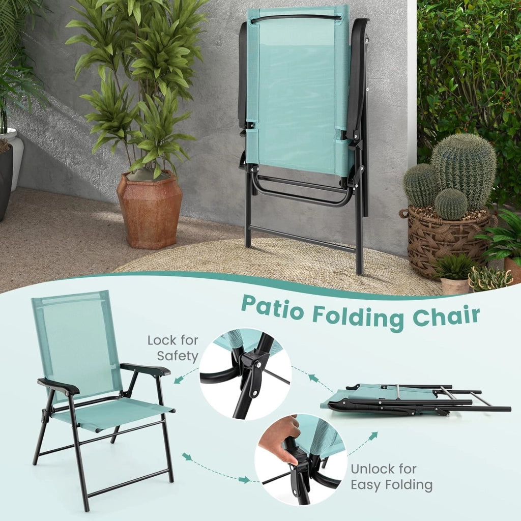 Set di 2 sedie da giardino pieghevoli, con schienale alto e bracciolo, resistenti alle intemperie, in metallo e tessuto, portata fino a 150 kg (verde menta)