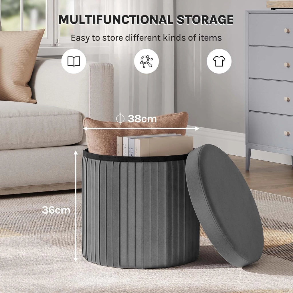 Pouf Sgabello con Contenitore Rotondo, Poggiapiedi per Divano, Pouf Basso Pieghevole, per Soggiorno, Camera da Letto, in Velluto, φ38xH36cm, Grigio Scuro