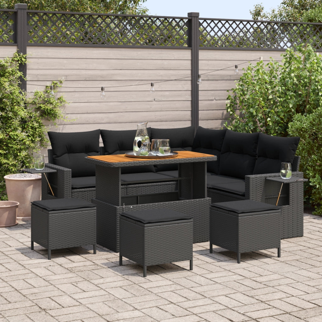 Set di Divani da Giardino in 9 Pezzi con Cuscini Nero Rattan Polipropilene Acacia