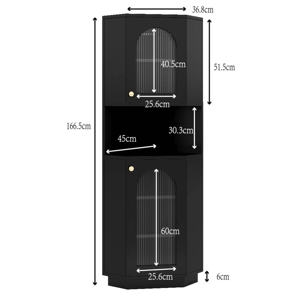 Armadietto da bagno angolare con LED e ripiani regolabili, 2 vani aperti, in MDF, nero, 45 × 45 × 166,5 cm