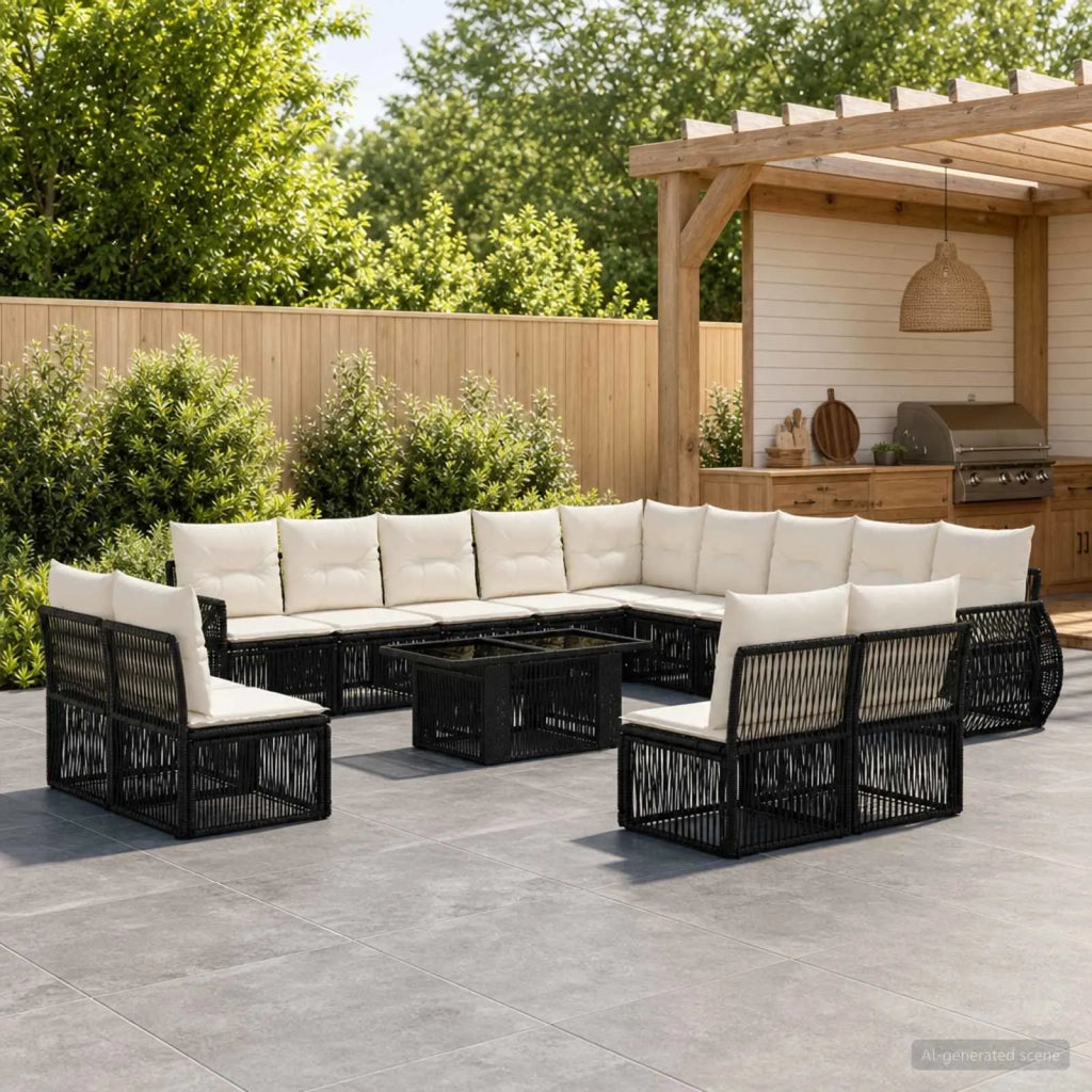 Set Divano da Giardino 14 pz Nero e Bianco Crema polyrattan 3437020