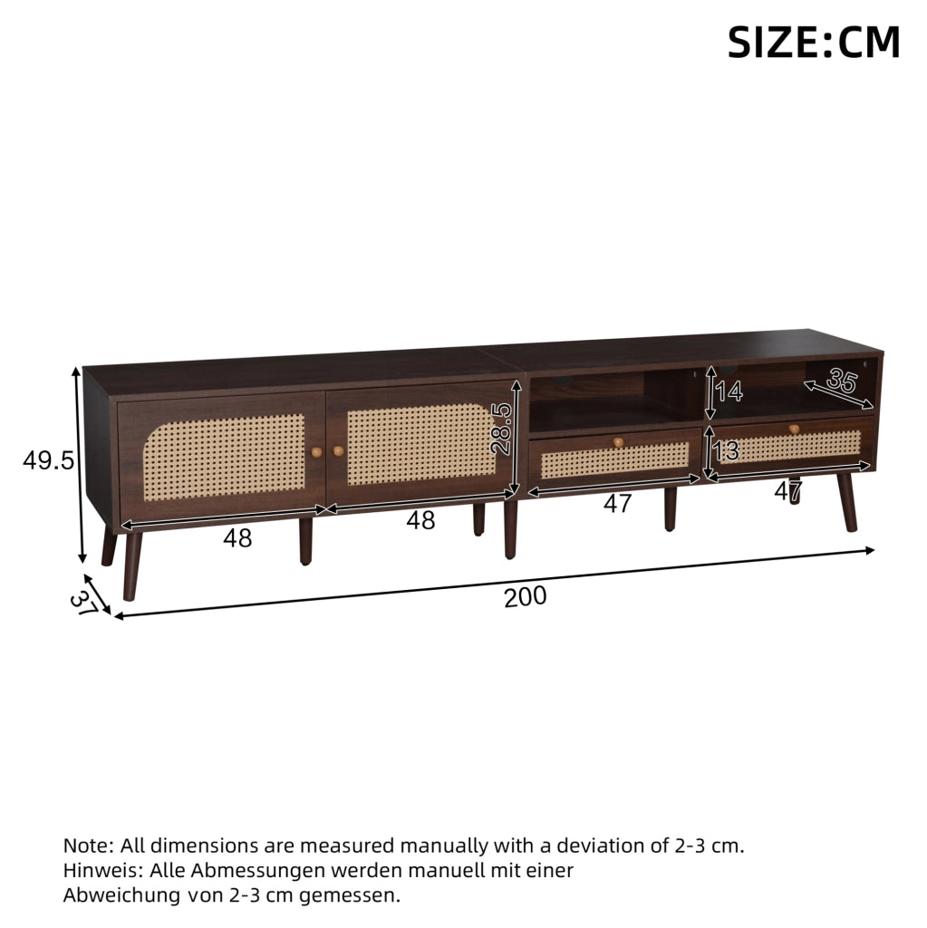 Mobile TV 200x37x49.5 cm per TV fino a 80 pollici con 2 ante in rattan e 2 cassetti; pannello truciolare; marrone