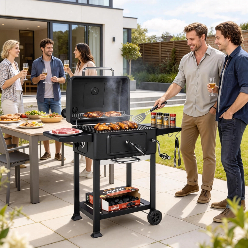 Barbecue a carbone con griglia regolabile ¨C zephmum ¨C con ripiani laterali e termometro