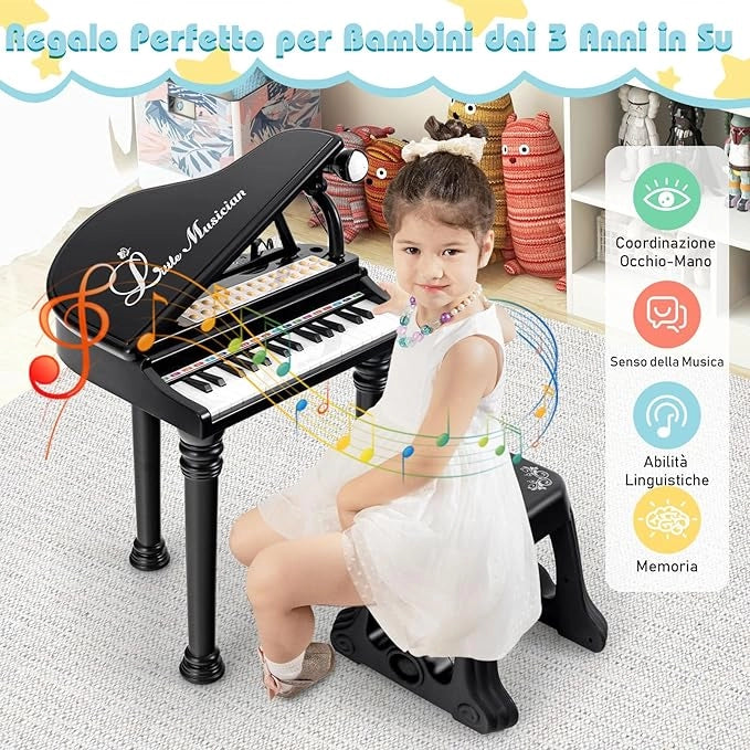 Tastiera Pianoforte a 31 Tasti con Microfono e Sgabello, Pianoforte Giocattolo Portatile con Modalità di Insegnamento a LED, Pianoforte a Coda per Bambini 3+ Anni (Nero), 35 x 30 x 55 cm