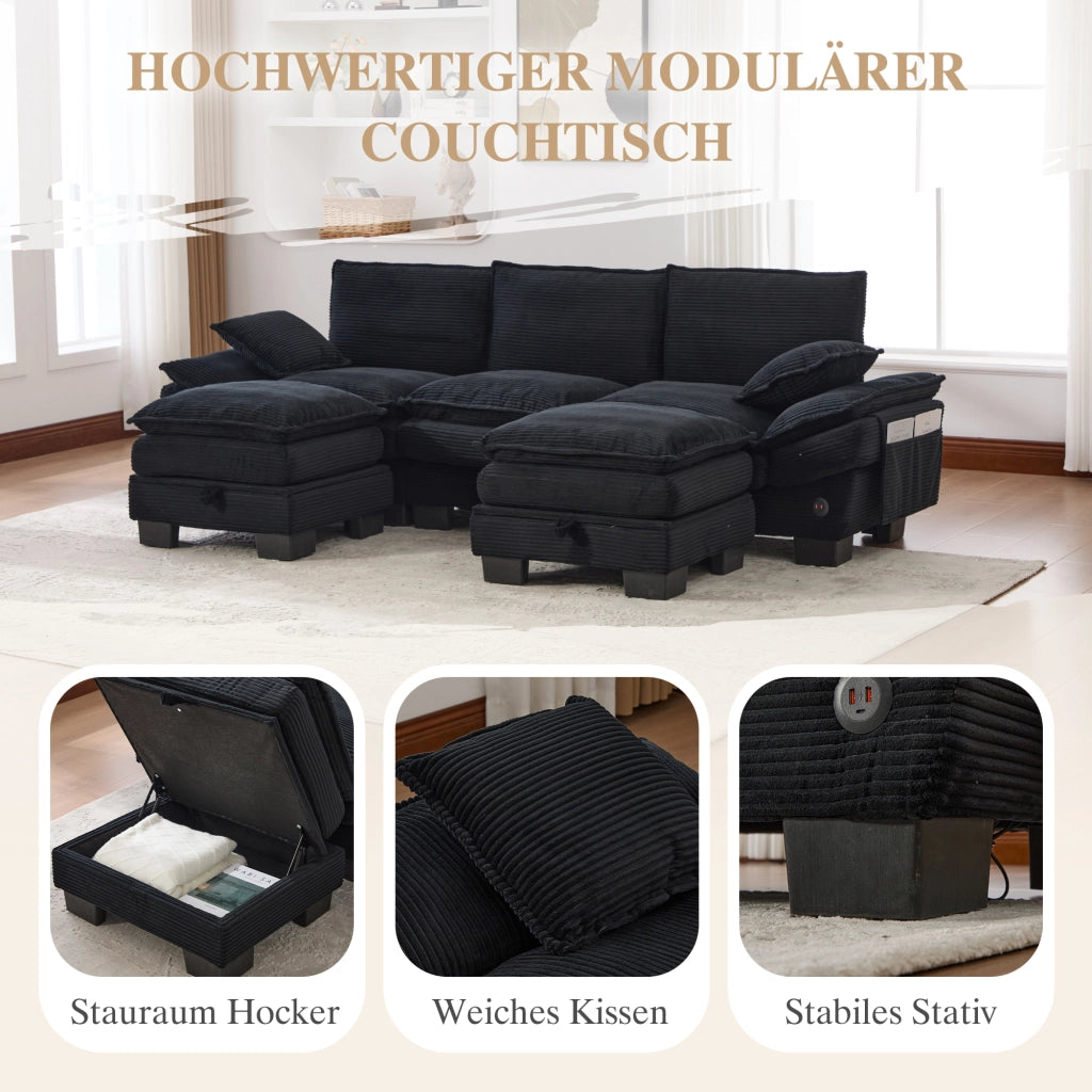 Divano modulare 3 posti con pouf, porta USB-C e tasche laterali, in velluto a coste nero 260 × 132 × 84 cm