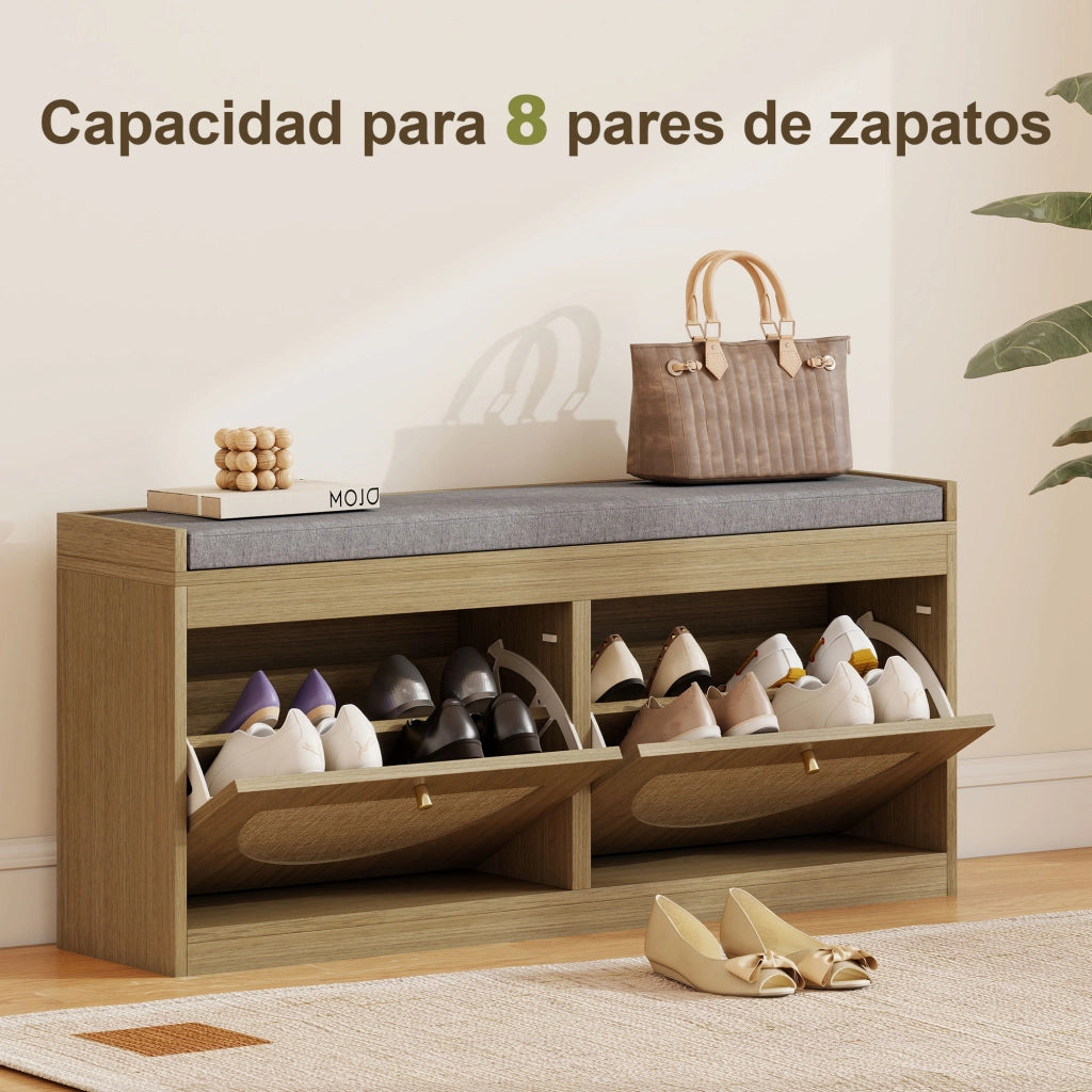 Scarpiera con seduta imbottita e ante in rattan ¨C zephmum ¨C naturale 60x40x80 cm