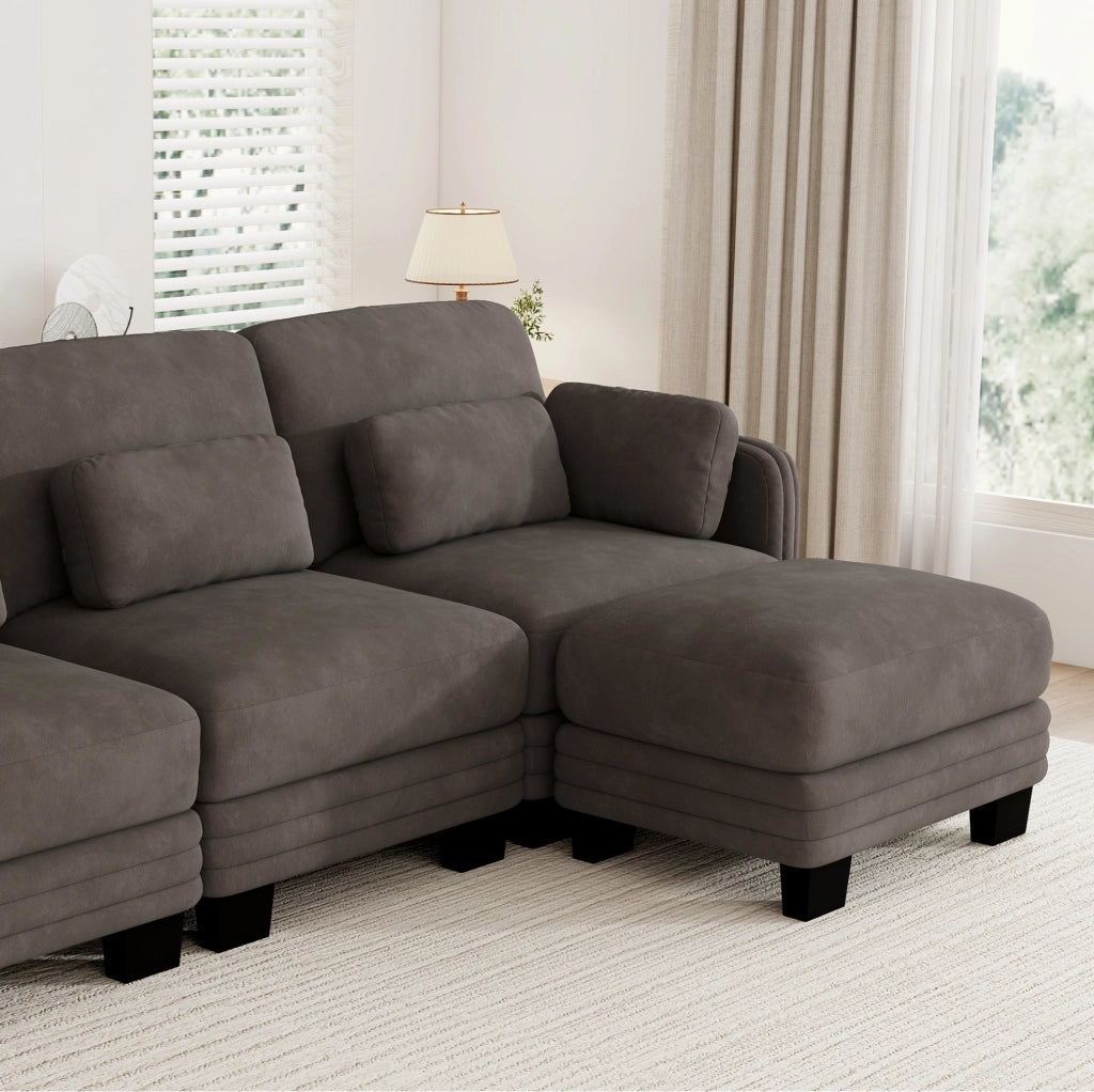 Divano modulare in ciniglia marrone con pouf separato e cuscini mobili