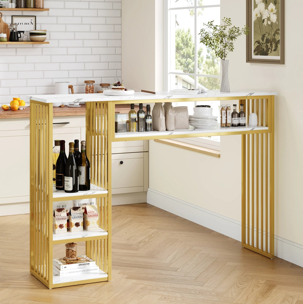 Bartisch con ripiani 140 x 40 x 105 cm in MDF e metallo; bianco e oro; effetto marmo