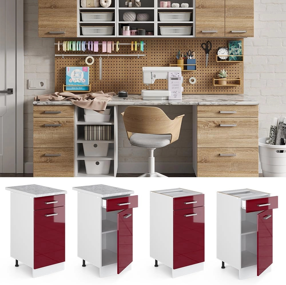 Base universale R-Line, Rosso bordeaux lucido, 40 cm con cassetto, con piano di lavoro, adatto per essere riposto in modo salvaspazio nelle cucine componibili