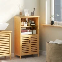 kleankin Mobiletto Bagno Salvaspazio in Legno con Armadietto, 2 Ante e 2 Ripiani Aperti, 50x29x92 cm