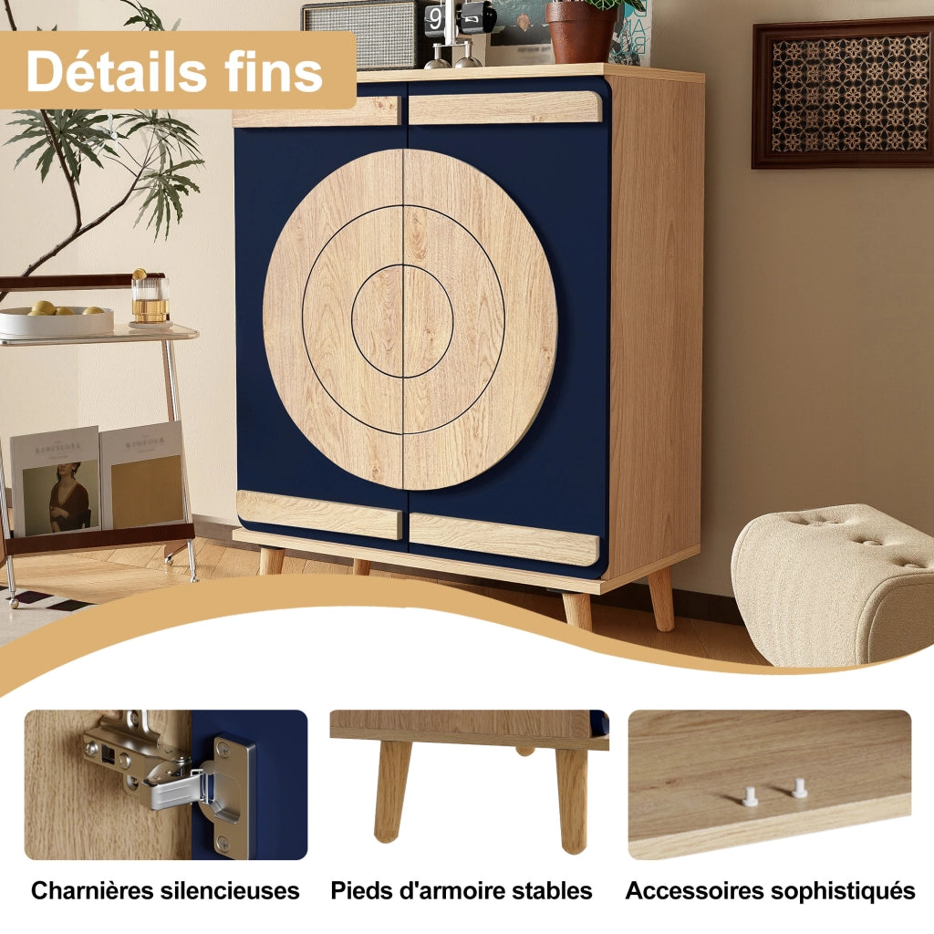 Mobile Scarpiera con 2 Ante geometriche Rotonde; 4 Ripiani; Stile Moderno; in Pannello truciolare; Blu; 76×37×98;5 cm