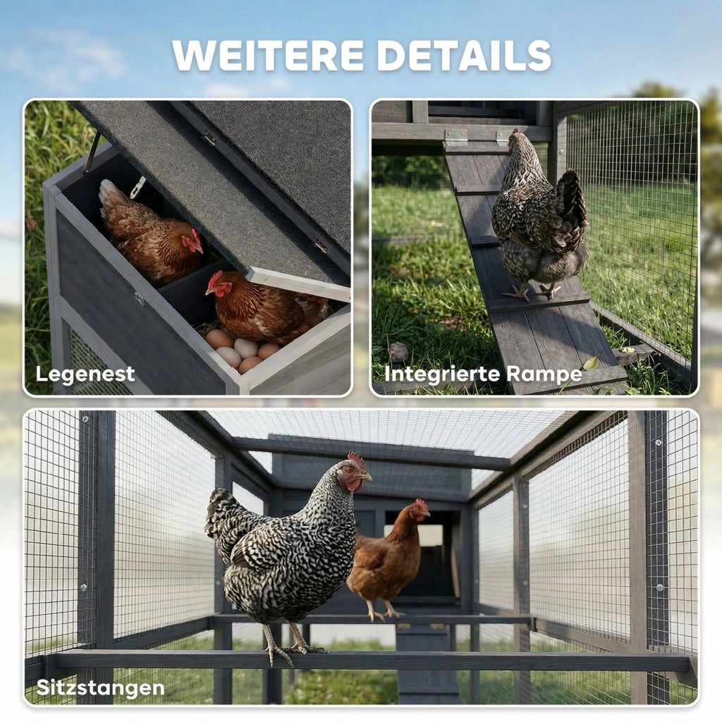 Pollaiolo per 4 Galline con Nido e Tettoia ¨C zephmum ¨C Grigio 264x82x89cm