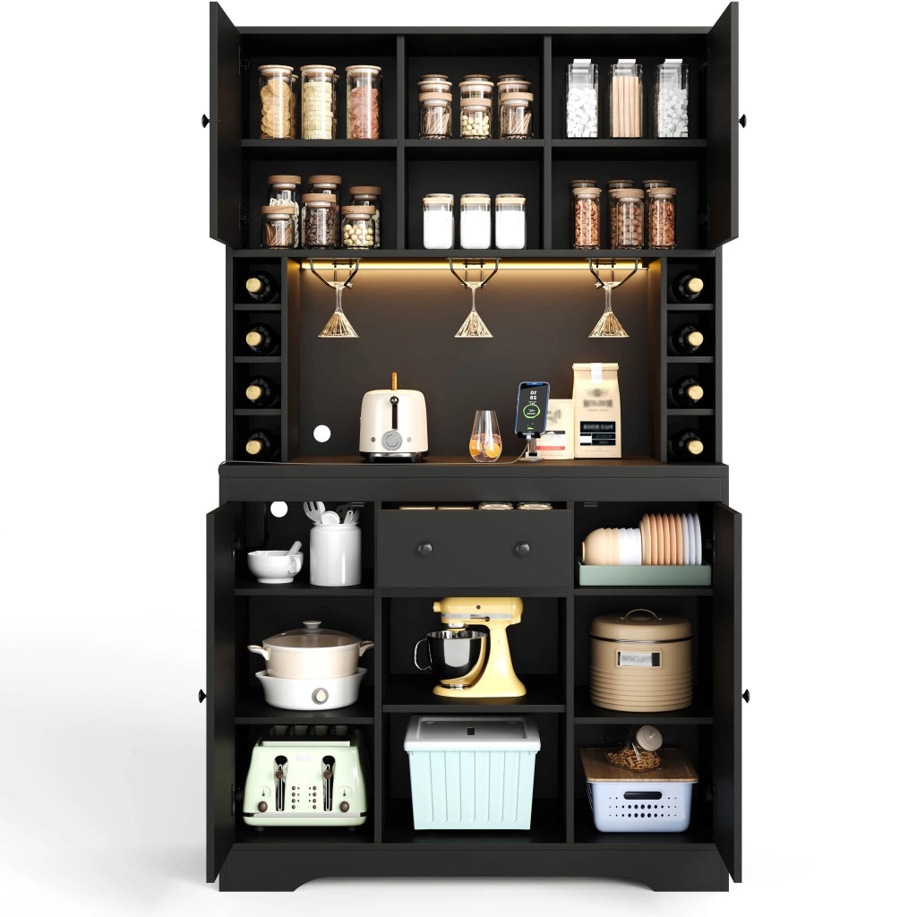 Buffet da cucina alto 180x105x40 cm con LED RGB, prese integrate, cassetto e portasciuggetti