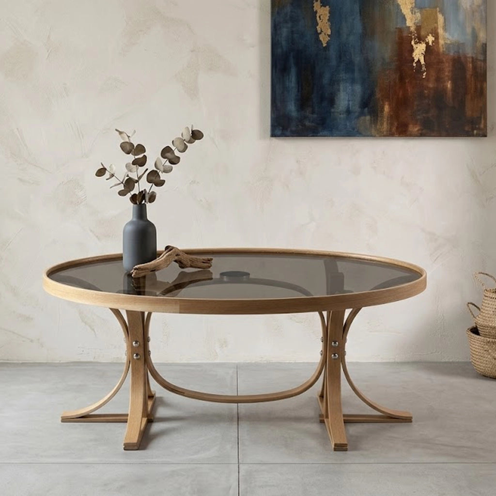 Sommo, Tavolino da Salotto Piano in Vetro Temperato, 112x78x47h cm Marrone Rovere