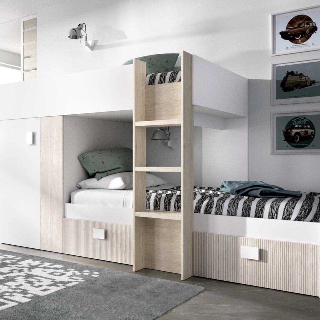 Letto per bambini Araba, Cameretta completa con armadio e cassetti, Composizione letto a castello con due lettini singoli, 271x111h150 cm, Bianco e Rovere