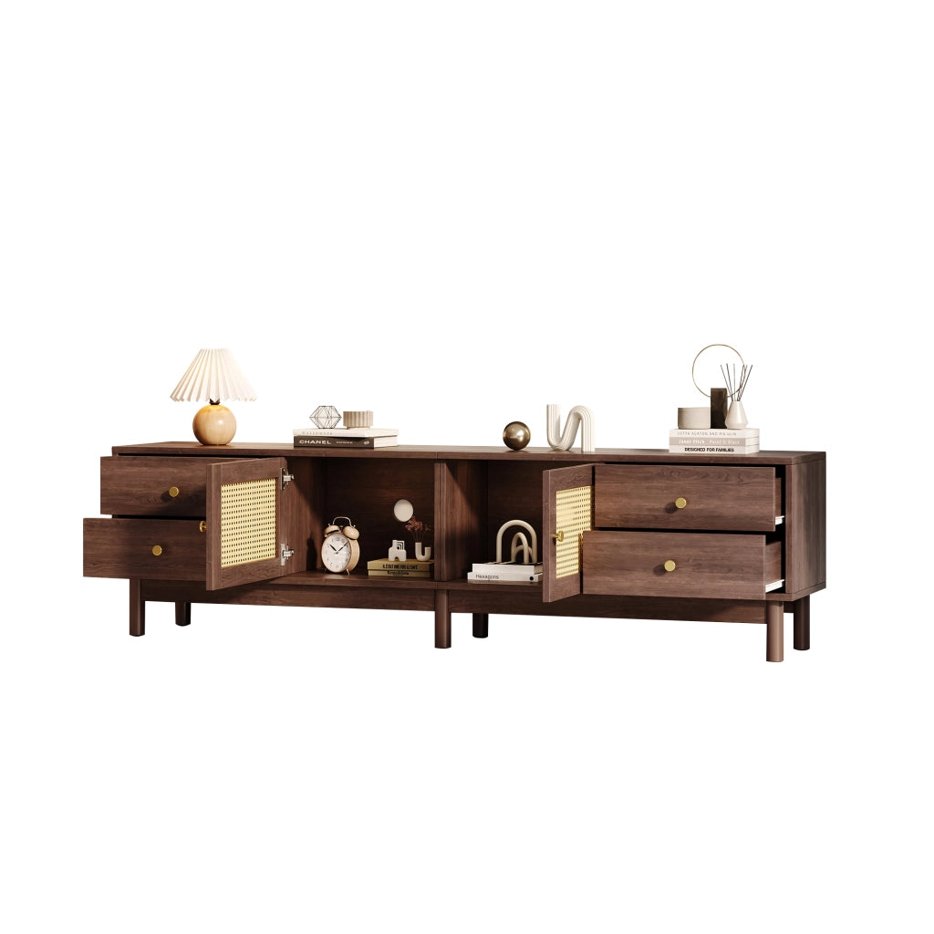 Mobile TV con 2 ante in rattan e 4 cassetti; passacavi - per soggiorno - 180x35x44 cm - marrone