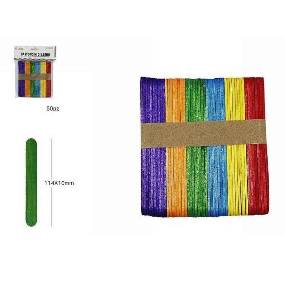 Trade Shop - 50pz Bastoncini Stecche Legno Colorati 114x10x1.2 Mm Lavoretti Bricolage 63841 -