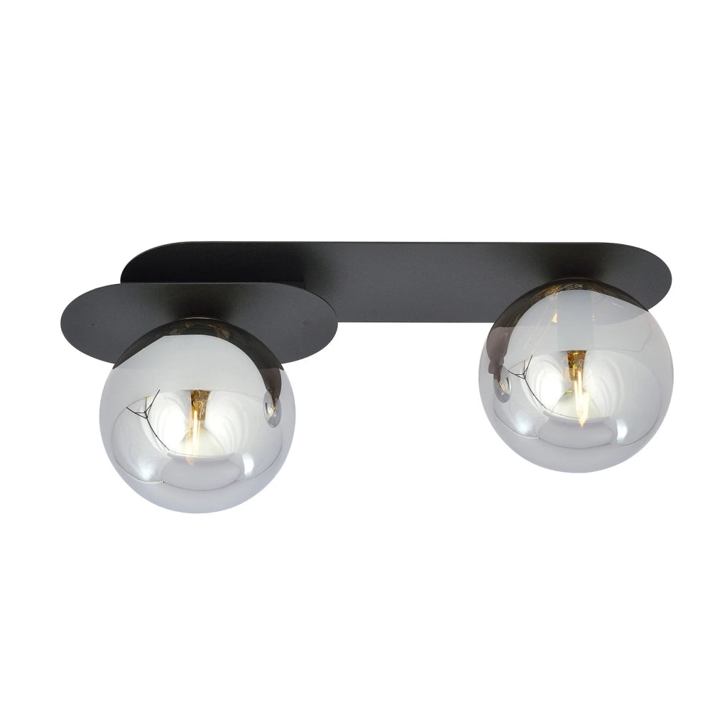 Plafoniera Minimal 2 Luci Teia In Acciaio Nero E Sfere Vetro Fumè