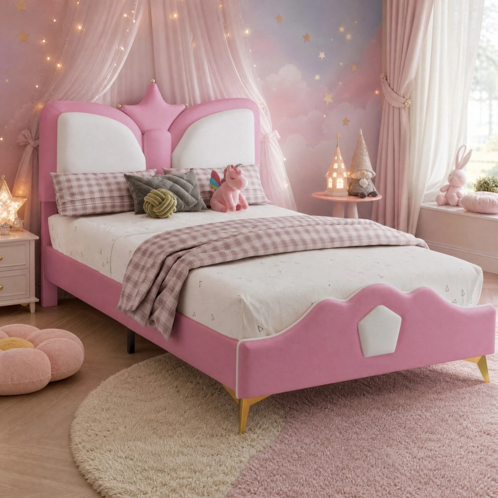 Letto per bambini imbottito 90x200 cm in rosa e bianco, testiera a forma di corona, struttura in PU e ferro